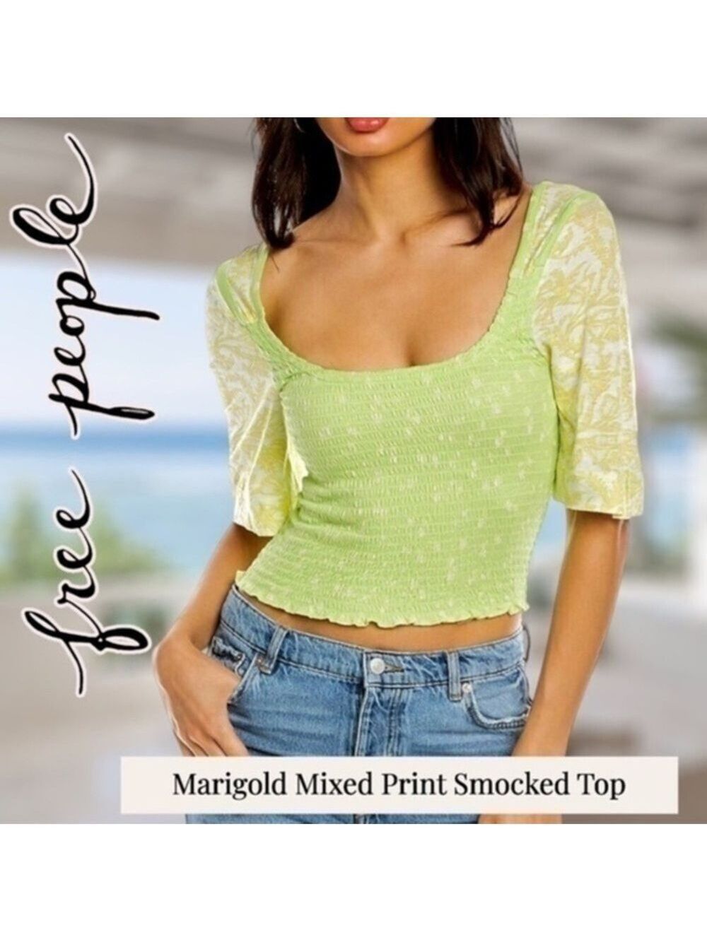 FREE PEOPLE Marigold Contrasting Quarter Sleeve All Over Smocked Crop Top-Md/NWT